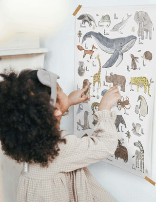 Ein Kind sitz vor einem ABC Poster mit handillustrierten Tieren, dass an der Wand befestigt ist und betrachtet es genau.