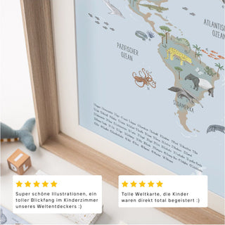 Detailausschnitt vom Poster Weltkarte mit Tieren und zwei Kundenbewertungen.