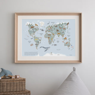 großes Poster Weltkarte "Tiere dieser Welt" bleu