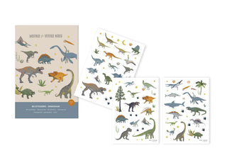 Mega Dino-Sticker Set mit verschiedenen Dinosaurier-Illustrationen auf transparenten Blättern, darunter T-Rex, Triceratops und mehr.