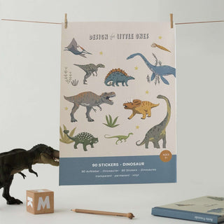 Verschiedene Dinosaurier-Aufkleber, darunter T-Rex und Brachiosaurus, illustriert auf einem Blatt des Mega Dino-Sticker Sets.