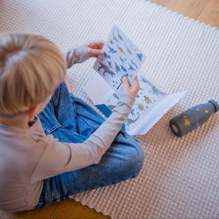 Ein Kind sitzt auf dem Boden und betrachtet einen Dino-Sticker Bogen in seiner Hand. Es liegen noch weiter Sticker-Bögen mit Verpackung auf dem Boden.