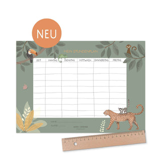 Dunkelgrüner Stundenplan mit Dschungel-Tieren wie Tukan, Affe, Leopard und Lemur, ideal zur Einschulung für Mädchen und Jungen.