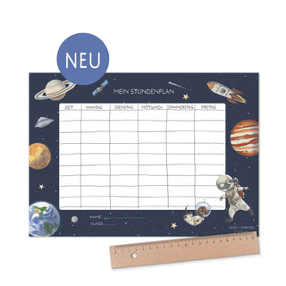 Space-Themen-Stundenplan mit Planeten, Astronaut, Rakete; Wöchentlicher Zeitplan; Einschulungsgeschenk; Sternenhimmel.