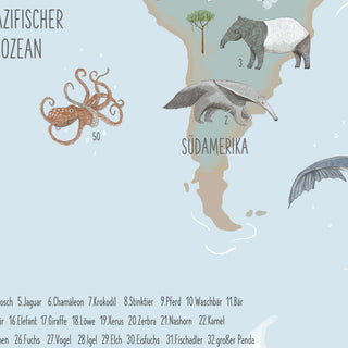 Illustriertes Weltkartenposter mit Tieren, darunter Oktopus, Tapir und Ameisenbär in Südamerika, auf blauem Hintergrund.
