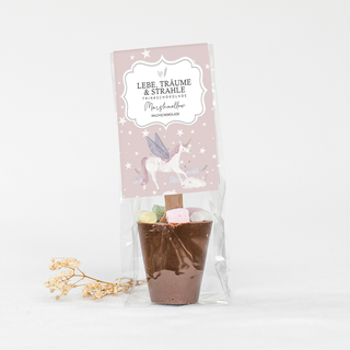 Milchschokolade mit fluffigen Marshmallows am Holzstil für Kinder. Hübsch verpackt mit einem Einhorn und Sterne auf dem Etikett.