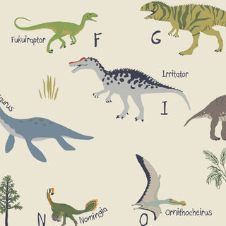 Bunte Schreibtischunterlage für Kinder, abwaschbar, zeigt Dinosaurier-ABC-Design mit verschiedenen Dinosauriern und Buchstaben.