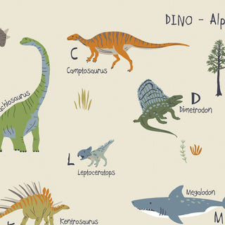 Bunte Schreibtischunterlage für Kinder mit Dinosaurier ABC, zeigt Diplodocus, Dimetrodon, Camptosaurus, Leptoceratops Illustrationen.