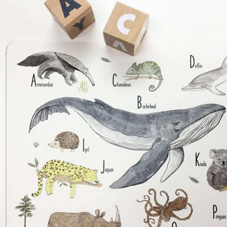 Kinder-Schreibtischunterlage mit Tier-ABC, abwaschbar. Illustrierte Tiere: Ameisenbär, Chamäleon, Buckelwal, Buchstaben-Holzklötze.