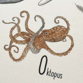 Brauner Oktopus illustriert neben dem Buchstaben "O" auf einer abwaschbaren Kinder-Schreibtischunterlage mit Tier-ABC.