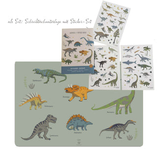 Kinderschreibtischunterlage mit 8 coolen beschrifteten Dinosauriern und passendem Sticker-Set für kleine Paläontologen und Dino-Fans. Ideal zum Lernen, Malen und Spiele