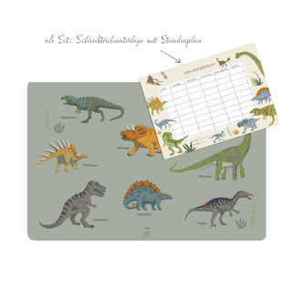 Schreibtischunterlage mit acht bunten Dinosauriern, inklusive passendem Stundenplan für Kinder, ideal als Geschenkidee.
