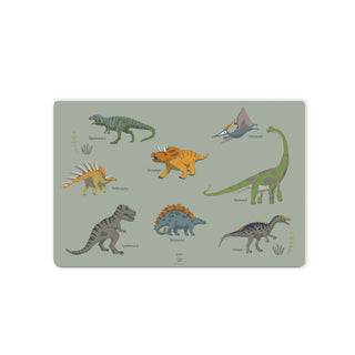 Schreibtischunterlage für Kinder mit Illustrationen von acht bunten Dinosauriern, darunter Stegosaurus und Tyrannosaurus.