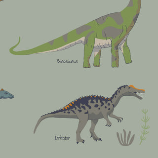 Acht farbenfrohe Dinosaurier-Illustrationen mit Namen auf einer Schreibtischunterlage für Kinder, ideal als Geschenkidee.