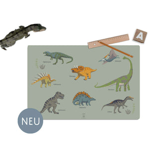 Schreibtischunterlage für Kinder mit 8 Dinosauriern, ideal als Geschenkidee für Jungen und Mädchen, Holzlineal, Buchstabe.