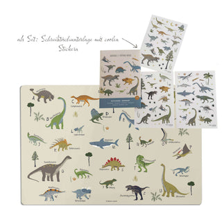 Kinderschreibtischunterlage mit Dinosaurier ABC und passendem Sticker-Set für spielerisches Lernen und kreative Gestaltung. Ideal für Vorschulkinder und Schulanfänger.