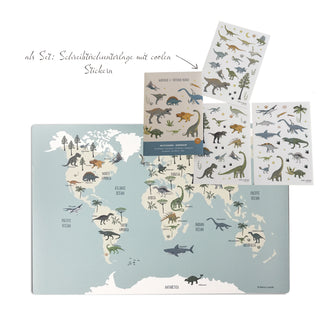Kinderschreibtischunterlage mit Weltkarte und passendem Sticker-Set für kleine Weltenbummler und Entdecker. Fördert spielerisch geografisches Wissen und die Fantasie.