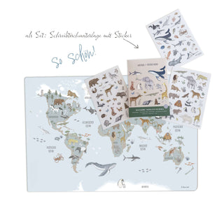 Kinderschreibtischunterlage Welt der Tiere mit dazu passendem umfangreichem Tier-Sticker Set.