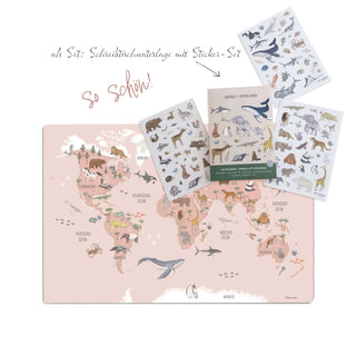 Kinderschreibtischunterlage Weltkarte der Tiere als Set ,it den dazu passendem umfangreichen Tier-Sticker Set
