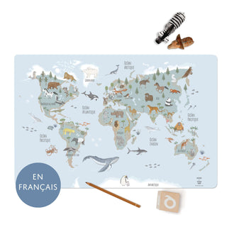 Illustrierte Weltkarte mit Tieren aus aller Welt, in französischer Sprache beschriftet, inklusive pädagogischem Zubehör.