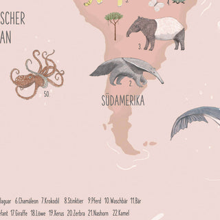 Affiche carte du monde "Animaux de ce monde" rose
