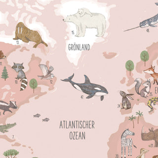 Affiche carte du monde "Animaux de ce monde" rose