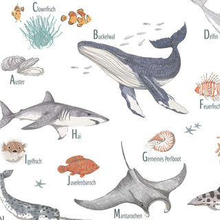 Poster mit verschiedenen Meerestieren wie Clownfisch, Buckelwal, Delphin, Hai, umgeben von Namen in deutscher Sprache.