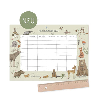 Grüner Primarschule-Stundenplan mit Waldtieren wie Bär, Fuchs, Eule, Elch, Hase; Schultüte-Thema; Lineal zur Größendarstellung.