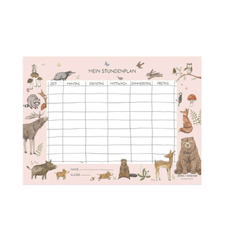 Stundenplan Grundschule mit Waldtiere-Motiv auf blush rosa Hintergrund, Spalten für Wochentage, Namensfeld, Schultüte-Design.