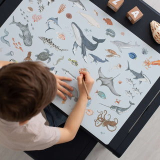 Ein Kind malt auf einer abwaschbaren Schreibtischunterlage zum Thema Ozean, auf der verschiedene Meerestiere wie Wale, Haie, Schildkröten und Fische abgebildet sind.