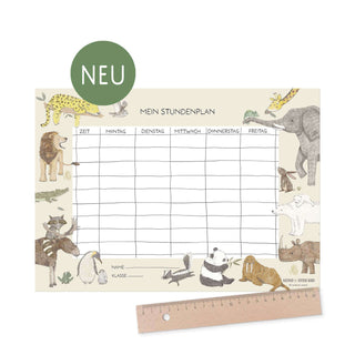 Stundenplan mit Tieren wie Elefanten, Löwen, Krokodilen um ein Wochenraster; ideal für Einschulung oder Schultüte Design.