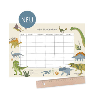 Bunter Stundenplan mit Dinosaurier-Motiven, farbigen Wochentagen, Zeitspalten und Namensfeld, ideal für Einschulung und Schultüte.