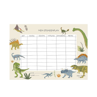 Stundenplan für Kinder in Schultüte; Dinosaurier illustrieren die Ränder; Raster für Wochentage; buntes, ansprechendes Design.