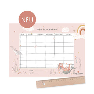 Ein rosa Meerjungfrauen-Stundenplan mit den Wochentagen, illustriert mit einer Meerjungfrau, einem Delfin, einem Regenbogen und Wolken.