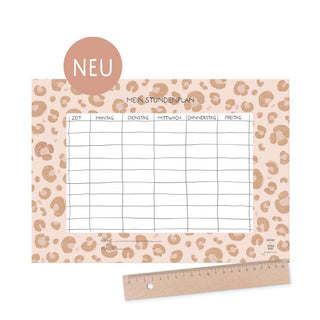 Ein pastellfarbener Zeitplaner mit Leopardenmuster und dem Titel „Mein Stundenplan“, mit Spalten für jeden Wochentag und einem Lineal als Maßstab.