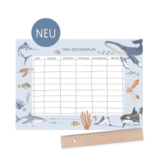 Bunter Grundschul-Stundenplan mit Meerestieren, inklusive Haien, Walen und Fischen; Platz für Wochentage, Lineal enthalten.