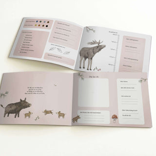Einschulungsbuch in Rosa mit Tierillustrationen, Aktivitätsseiten, Messskala, und Profilfeldern für Schulanfänger, verziert mit Waldtieren.