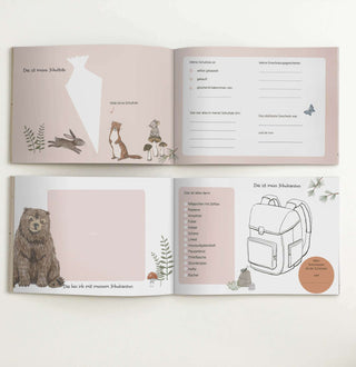 Einschulungsbuch "Hurra, ich bin ein Schulkind rosa", Tiere, Schultasche, interaktive Seiten, pastellfarben, kindgerecht gestaltet.